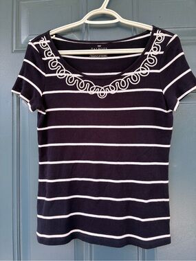 Talbots Navy & White Stripe Supima Cotton Scoop Neck Tee; Embroider CoastalTrim